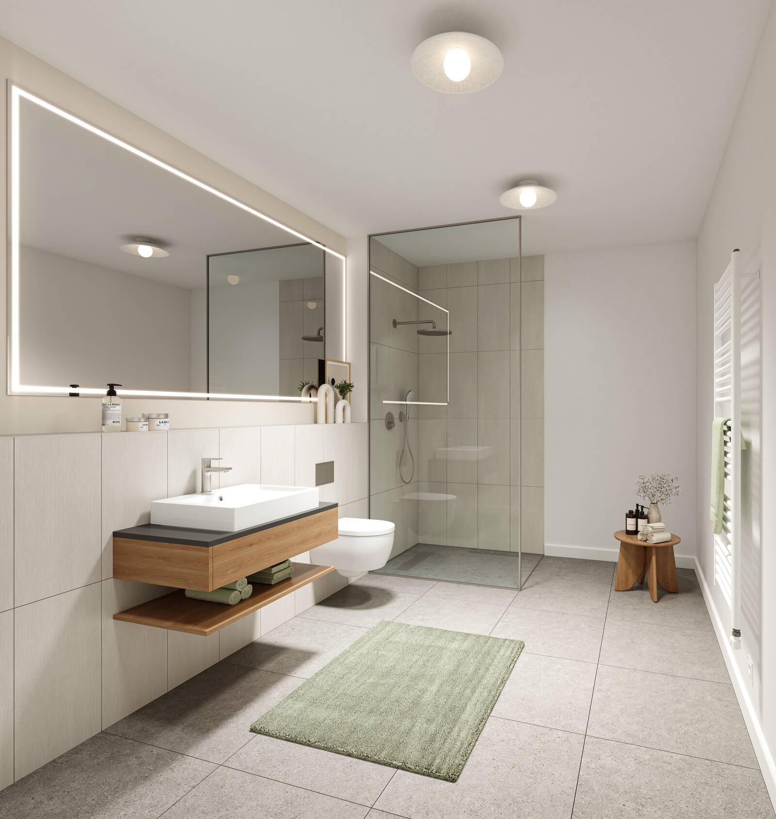 Helles Badezimmer mit Walk-in-Dusche